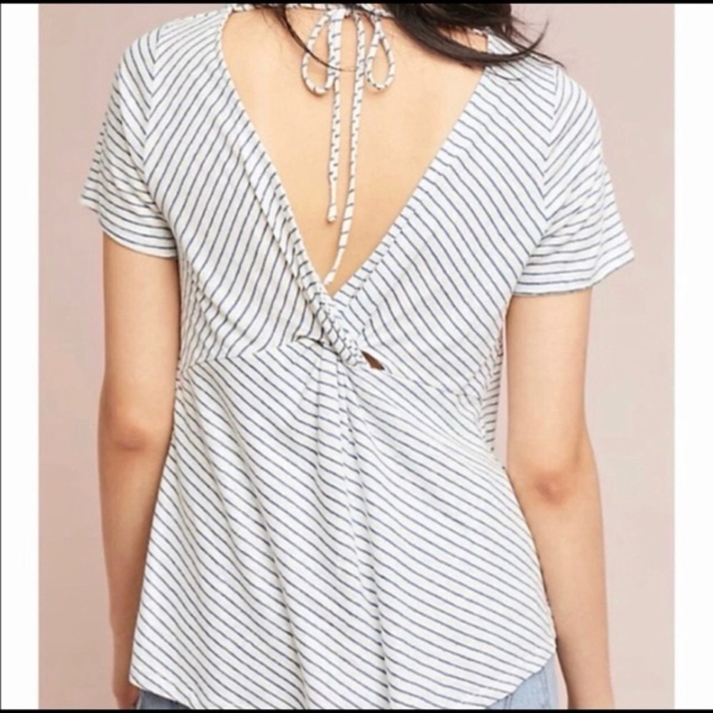 Anthropologie Maeve striped linen cowl neck shirt with tie back 100% linen Small - Picture 2 of 5